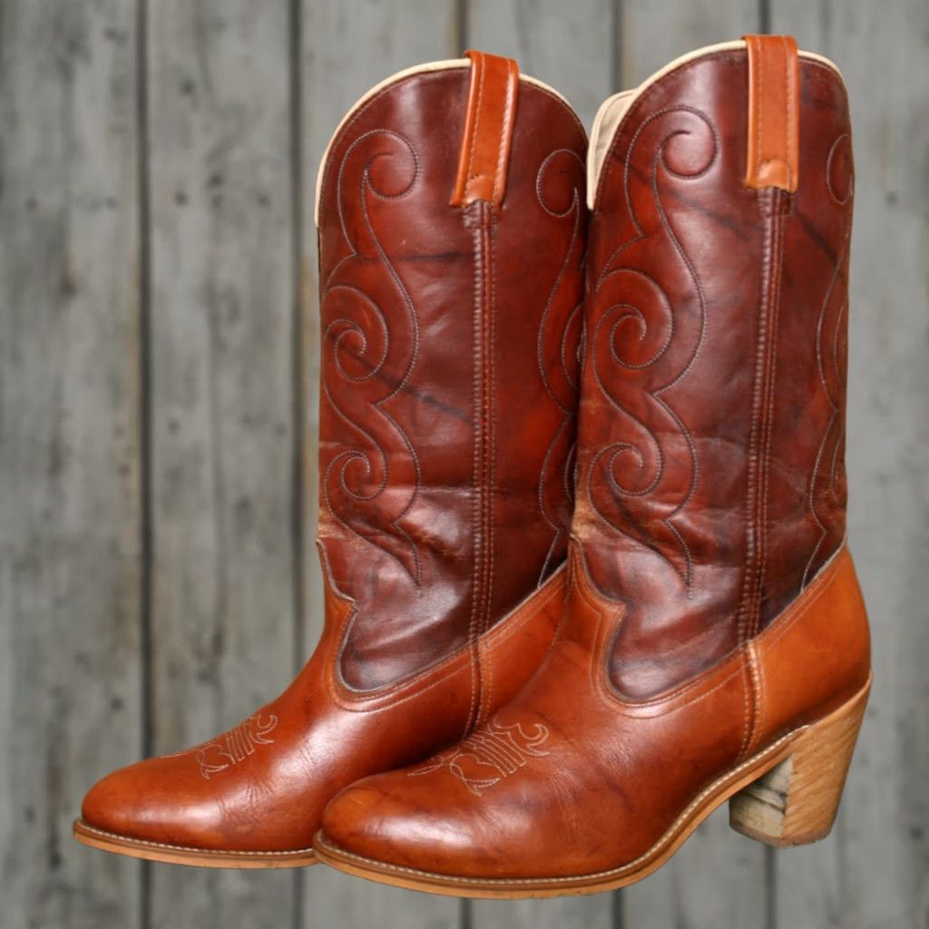 Vintage VINTAGE Acme Cognac Leather Synthetic Shaft Cowgirl Boots 3.25" Wood Heels 10M Brown Western Women Shoe/Boots Mens Size US 10 / IT 40 - 1 Thumbnail