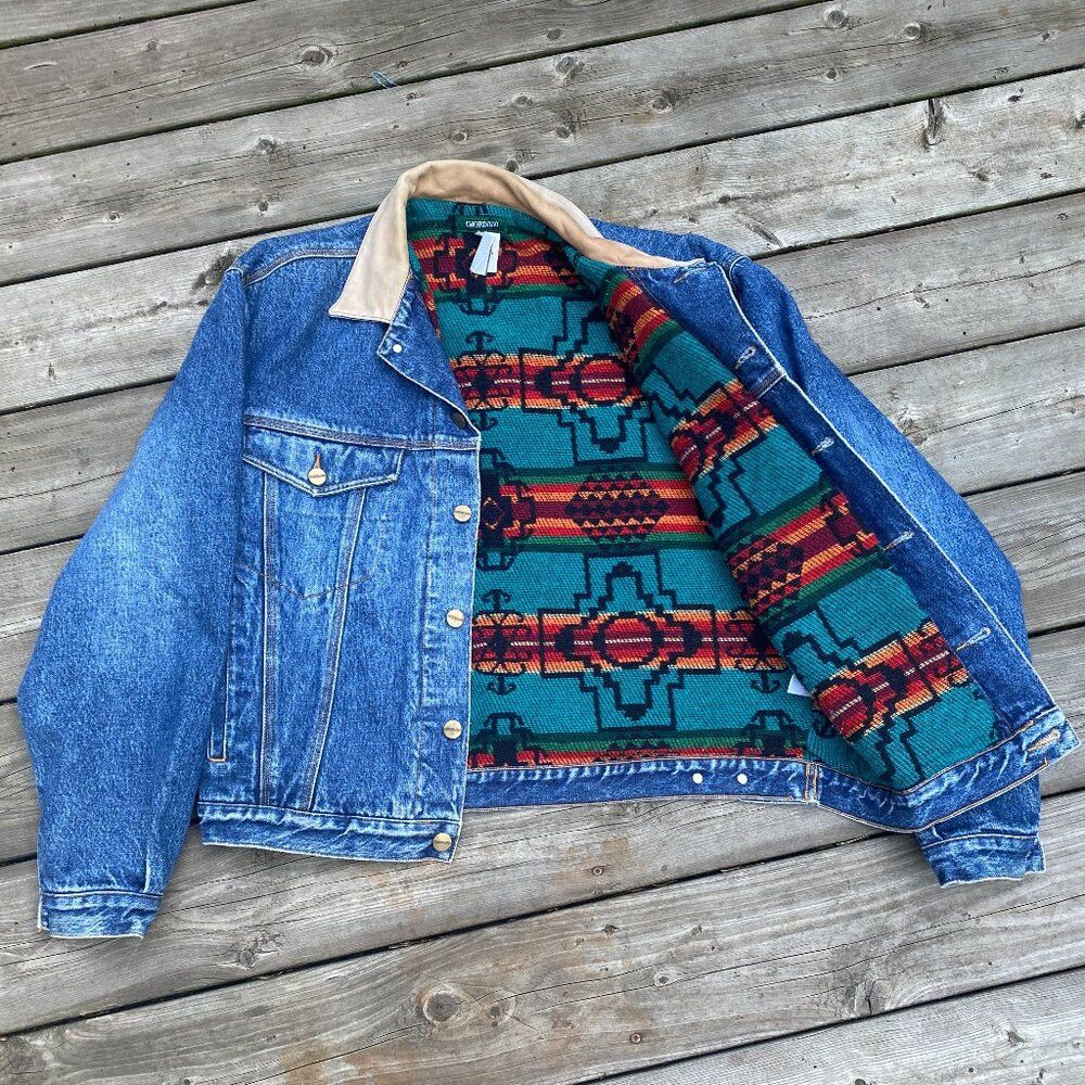 Giordano × Vintage Vintage 1980s Blanket Lined Giordano Aztec Denim Jacket Lar Size US L / EU 52-54 / 3 - 1 Thumbnail