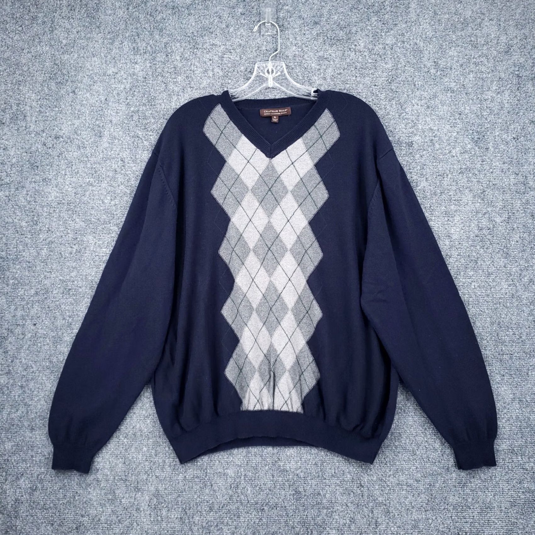 Vintage Chatham Road Sweater Mens XL Navy Blue Argyle V Neck Pullover Cashmere Blend 90s Classic Size US XL / EU 56 / 4 - 2 Thumbnail