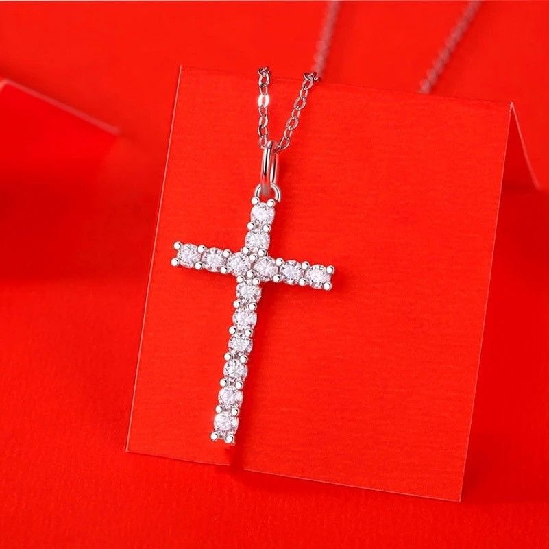 Jewelry 925 Sterling Silver Moissanite Cross Necklace Size ONE SIZE - 4 Thumbnail