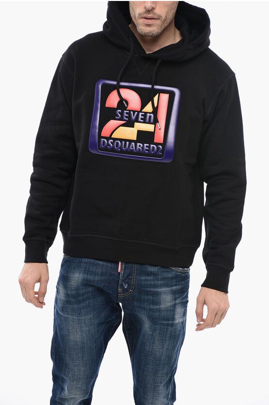 image of Dsquared2 Solid Color 24 Seven Cool Hoodie With Embossed Detail in Black, Men's (Size Small)