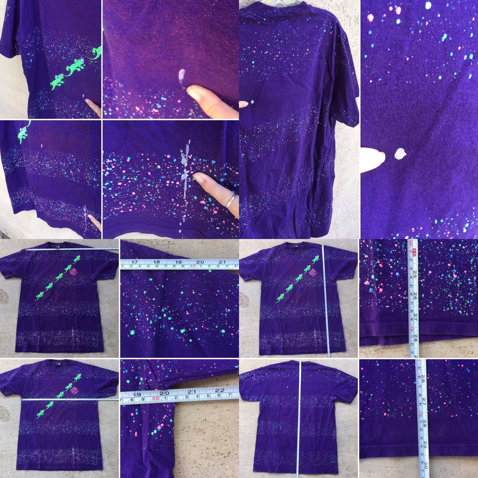 Vintage VINTAGE Gecko Hawaii T-Shirt Mens L Purple Neon Graphics Happy Shirts Geckos Puff Paint 80s 90s Neon Splatter Striped Animals Hawaiian Size US L / EU 52-54 / 3 - 8 Thumbnail
