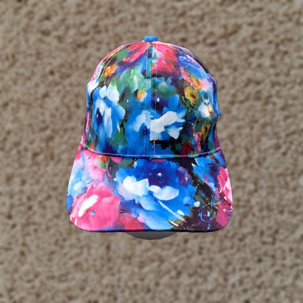 Vintage Hat Snap Back Womens One Size Blue Pink Floral 100% Polyester Outdoors Beach Cap Size ONE SIZE - 1 Thumbnail