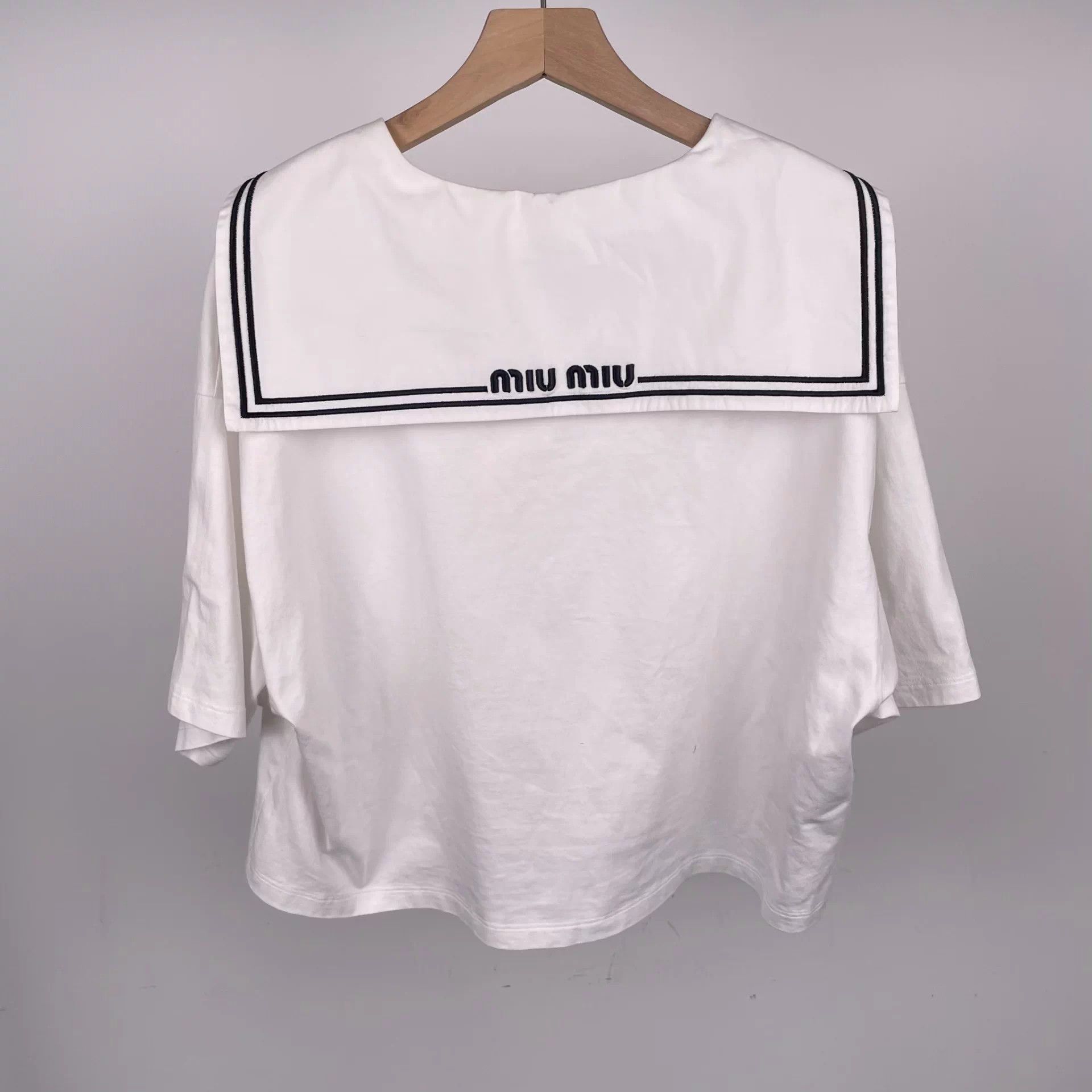 Miu Miu MIU MIU White Cotton Navy Collar Short Sleeve M Size M / US 6-8 / IT 42-44 - 2 Thumbnail