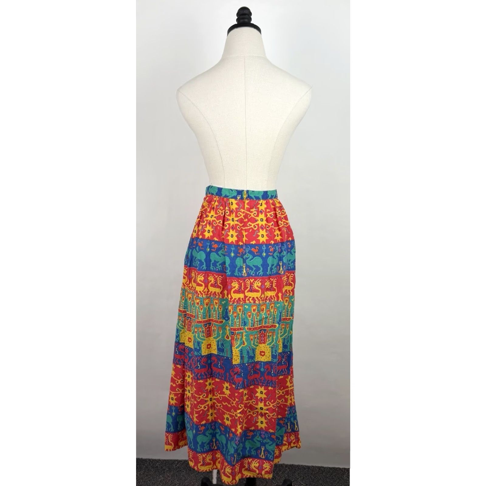 VINTAGE Claude Skirt Maxi Women's S Red Geometric Pleated 80s 90s Art Southwestern Western All Seasons Pockets High Rise Cotton Vintage 12