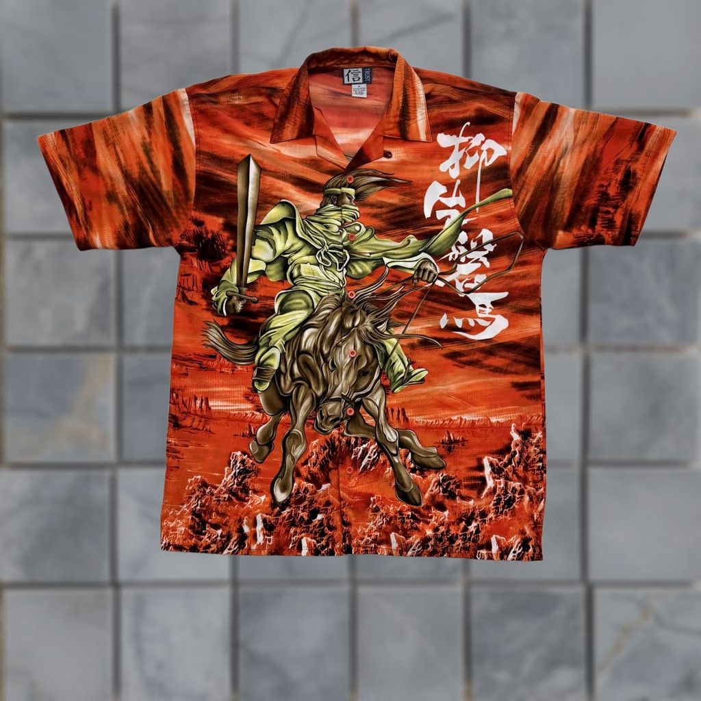 Vintage Trust Samurai Warrior Shirt Mens M Orange Hawaiian Button Up Graphic Print Short Sleeve News Y2K Lounge Casual Mens Size US M / EU 48-50 / 2 - 1 Thumbnail