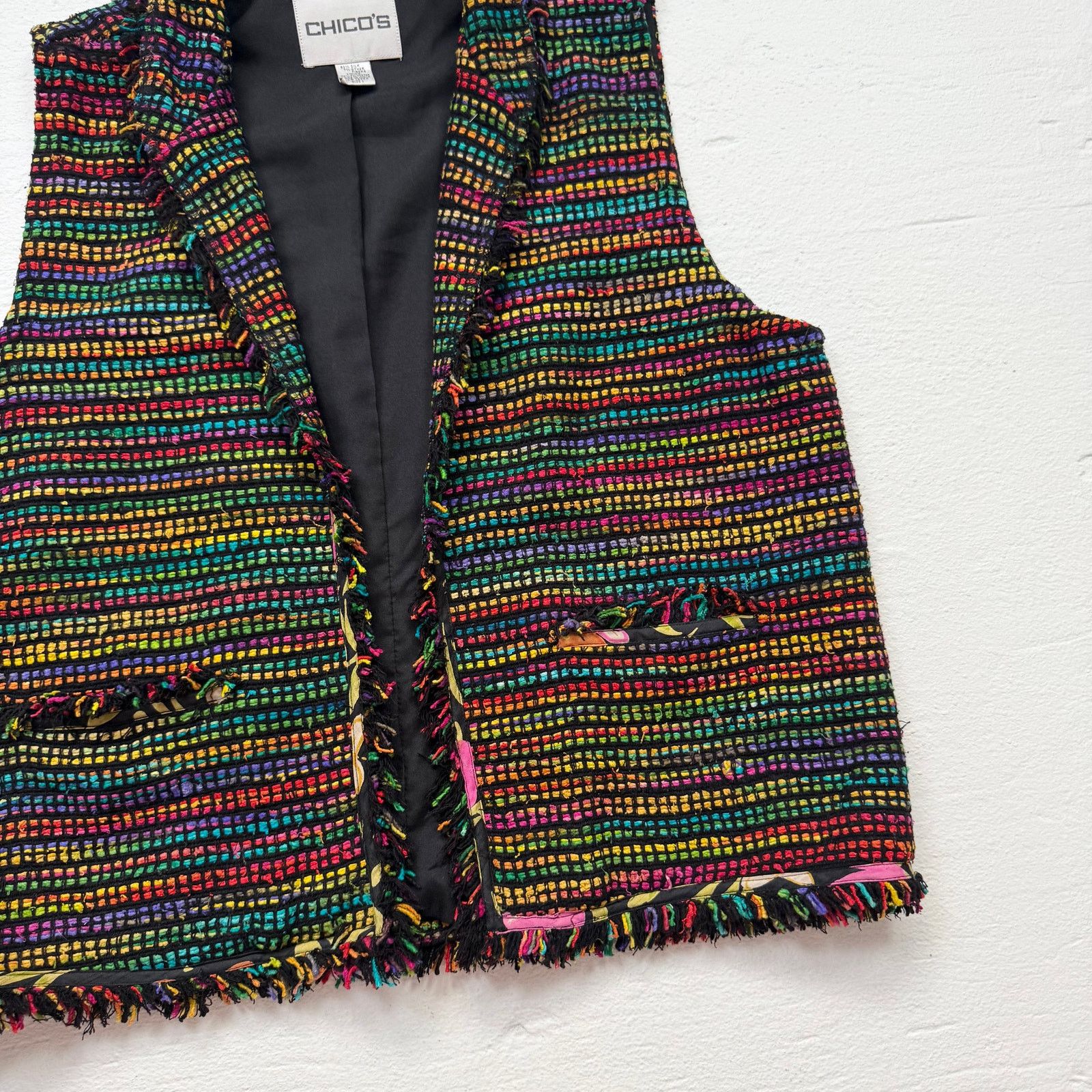 Chicos Vintage Chico’s Silk Fringe Trim Open Front Vest, Size 1 (M) Size M / US 6-8 / IT 42-44 - 3 Thumbnail