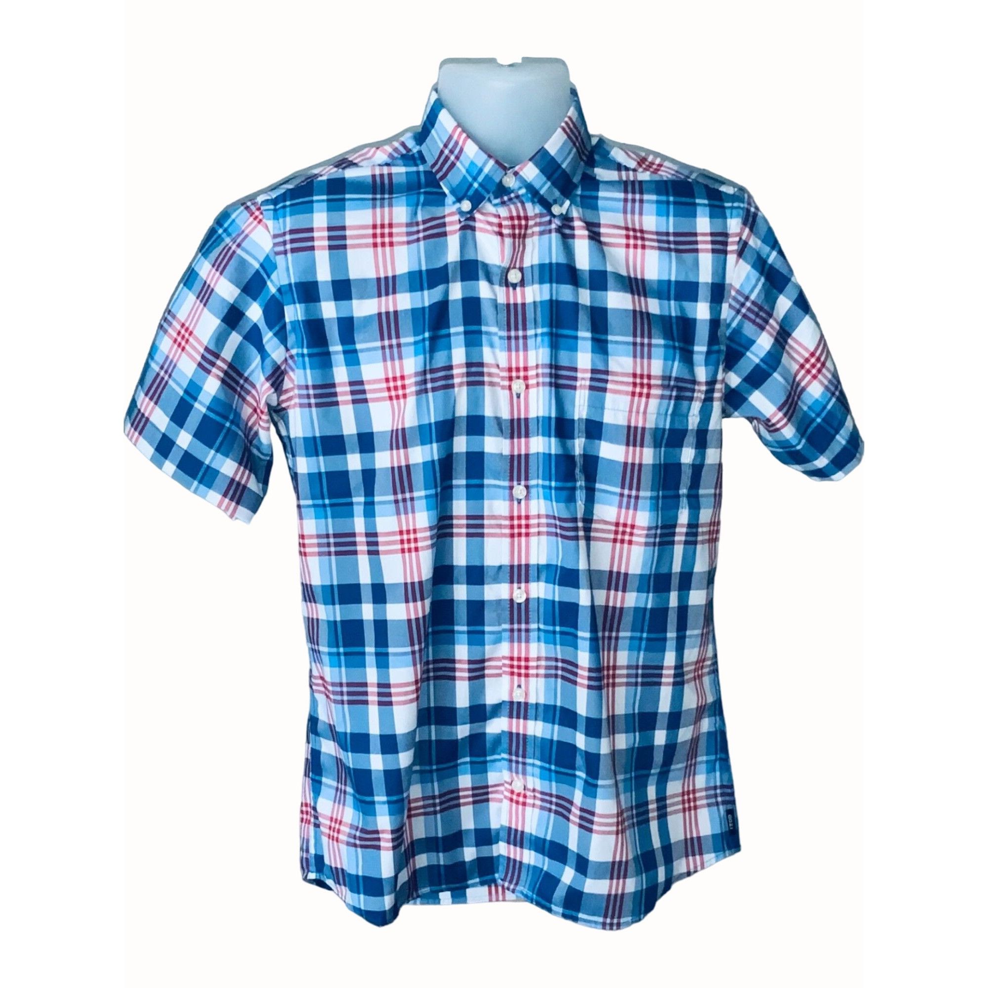 Izod Izod Mens Blue White Red Plaid Short Sleeve Button Down Poly Size US S / EU 44-46 / 1 - 8 Thumbnail