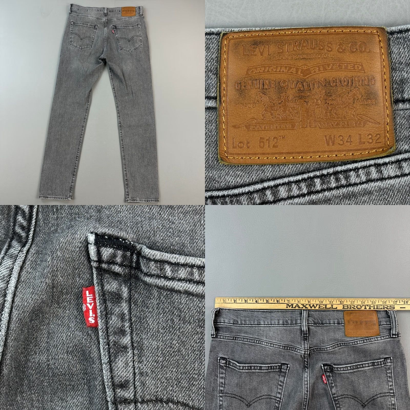 Levi's Levis 512 Premium Jeans Mens 34x32 Charcoal Wash Slim Taper Fit 5-Pocket Denim Jeans Mens Size US 34 / EU 50 - 8 Thumbnail