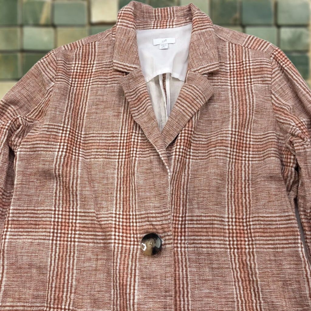 J. Jill J.Jill Blazer Jacket Orange Size M Petite Oversized Linen Cotton Blend Button Closure Collared Knit Pattern Plaid Women Slim/Relaxed Fit (Jacket) Size M / US 6-8 / IT 42-44 - 1 Thumbnail