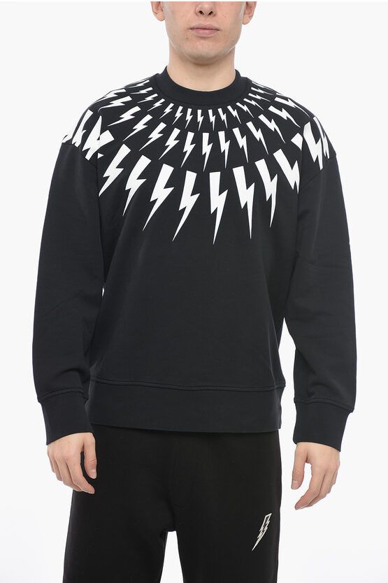 image of Neil Barrett Brushed Cotton Fairisle Thunderbolt Easy Fit Sweatshirt in Black, Men's (Size 2XL)