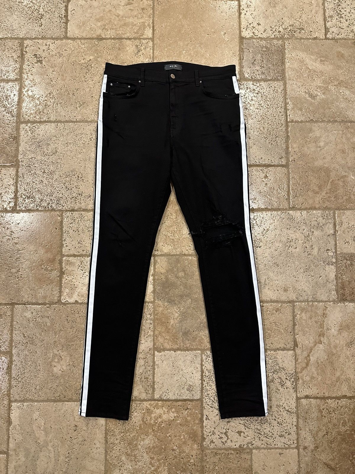 Amiri Amiri Black / White Stripe Track Denim Distressed Jeans Size US 38 / EU 54 - 1 Thumbnail