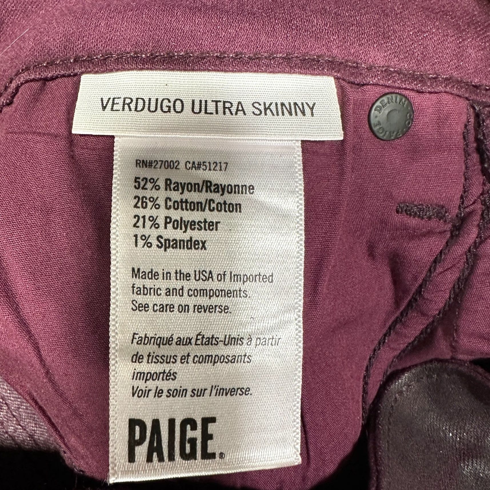 Paige Paige Verdugo Ultra Skinny Jeans Womens 25 Purple Waxed Stretch Pockets Logo Denim 5-Pocket Size 42" / US 20 - 6 Thumbnail