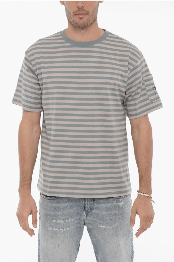 image of Needles Og1Mm0524 Striped Crew Neck T-Shirt In Grey, Men's (Size Small)