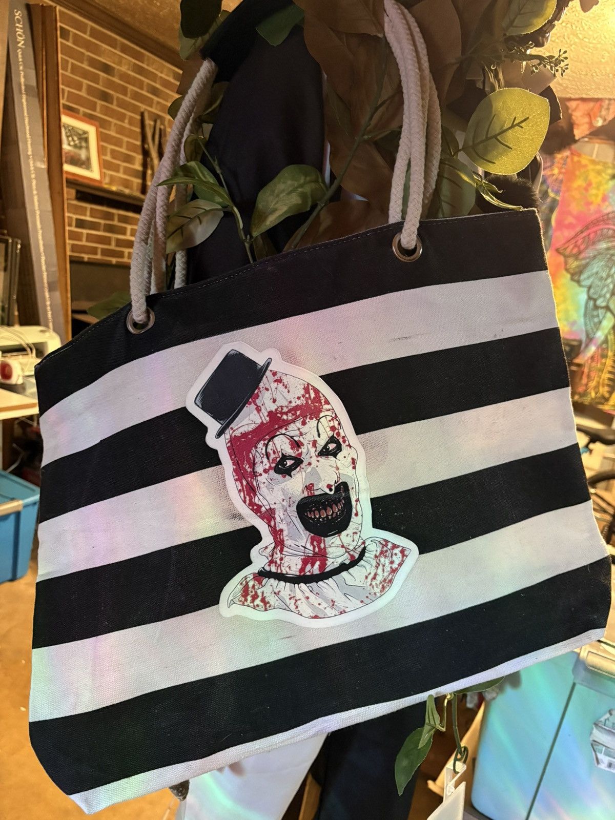 Designer Custom art the clown terrifier White Striped Tote Bag Size ONE SIZE - 1 Thumbnail