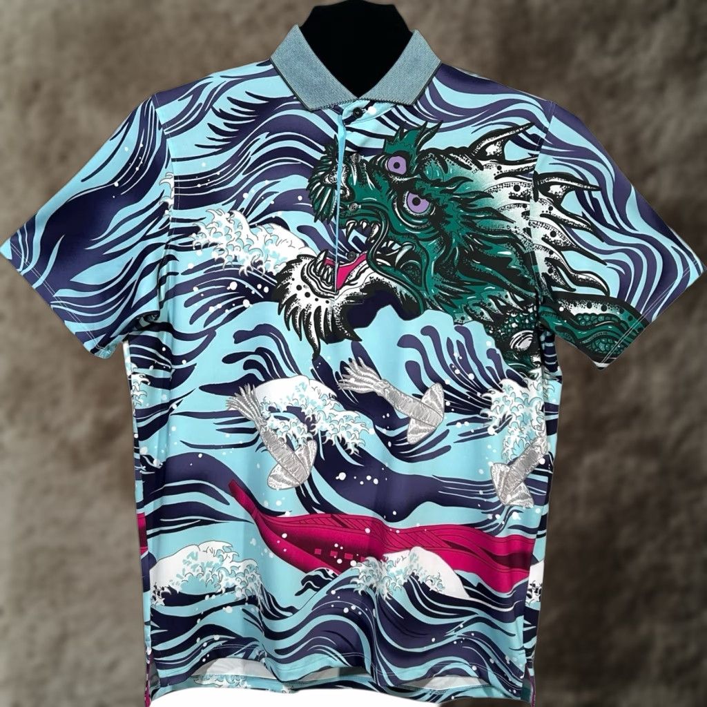 Greyson Mytjical Sea 総柄（龍） ポロシャツ M（L） Greyson Mythical Sea Polo Shirt Mens L Blue-Multi Graphic Print