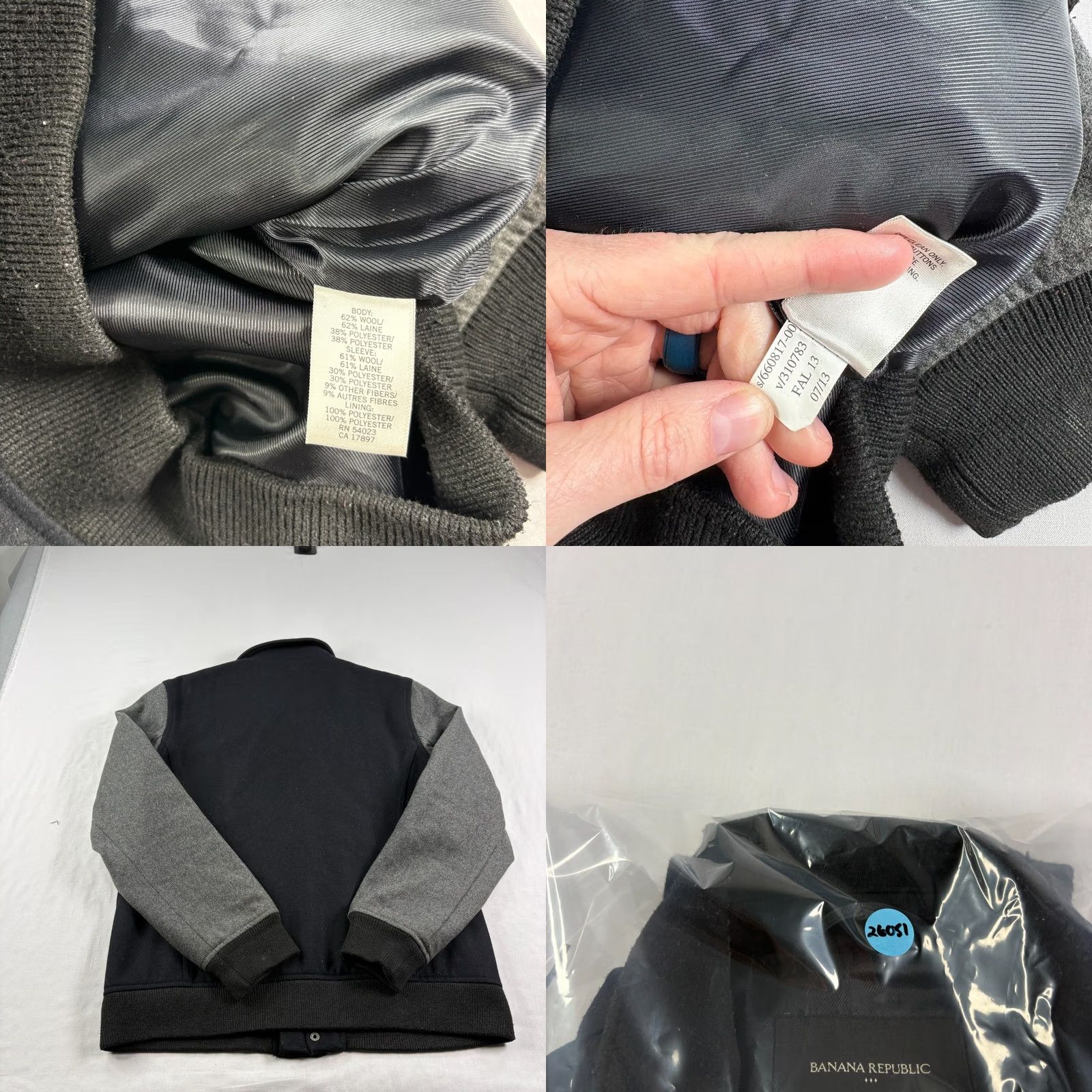 Banana Republic Banana Republic Mens Jacket Wool Bomber Black Gray Mid-Length Zip Pockets Regular Size M Size US M / EU 48-50 / 2 - 8 Thumbnail
