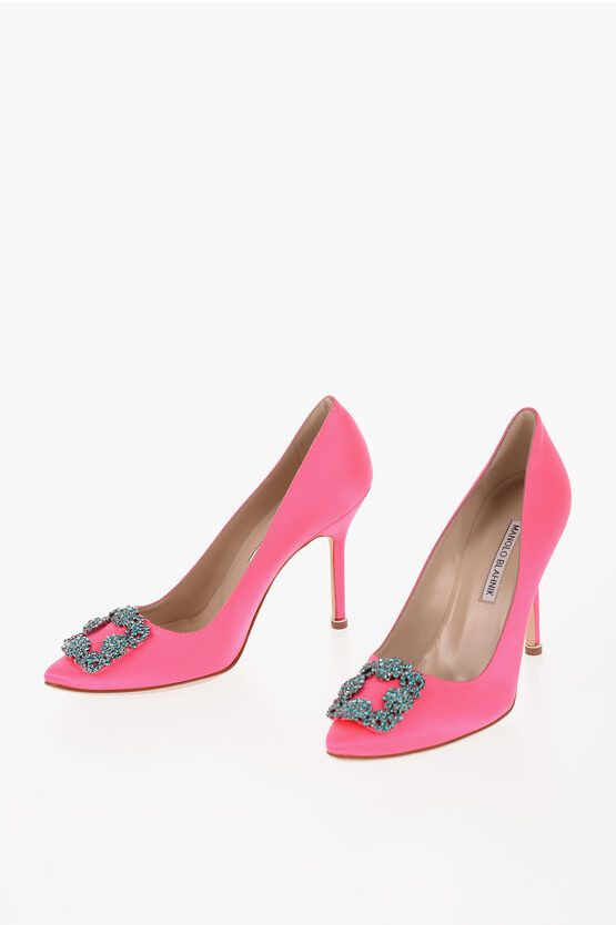 image of Manolo Blahnik Satin Hangisi Pumps With Crystal Buckle Shoes in Pink, Women's (Size 8)