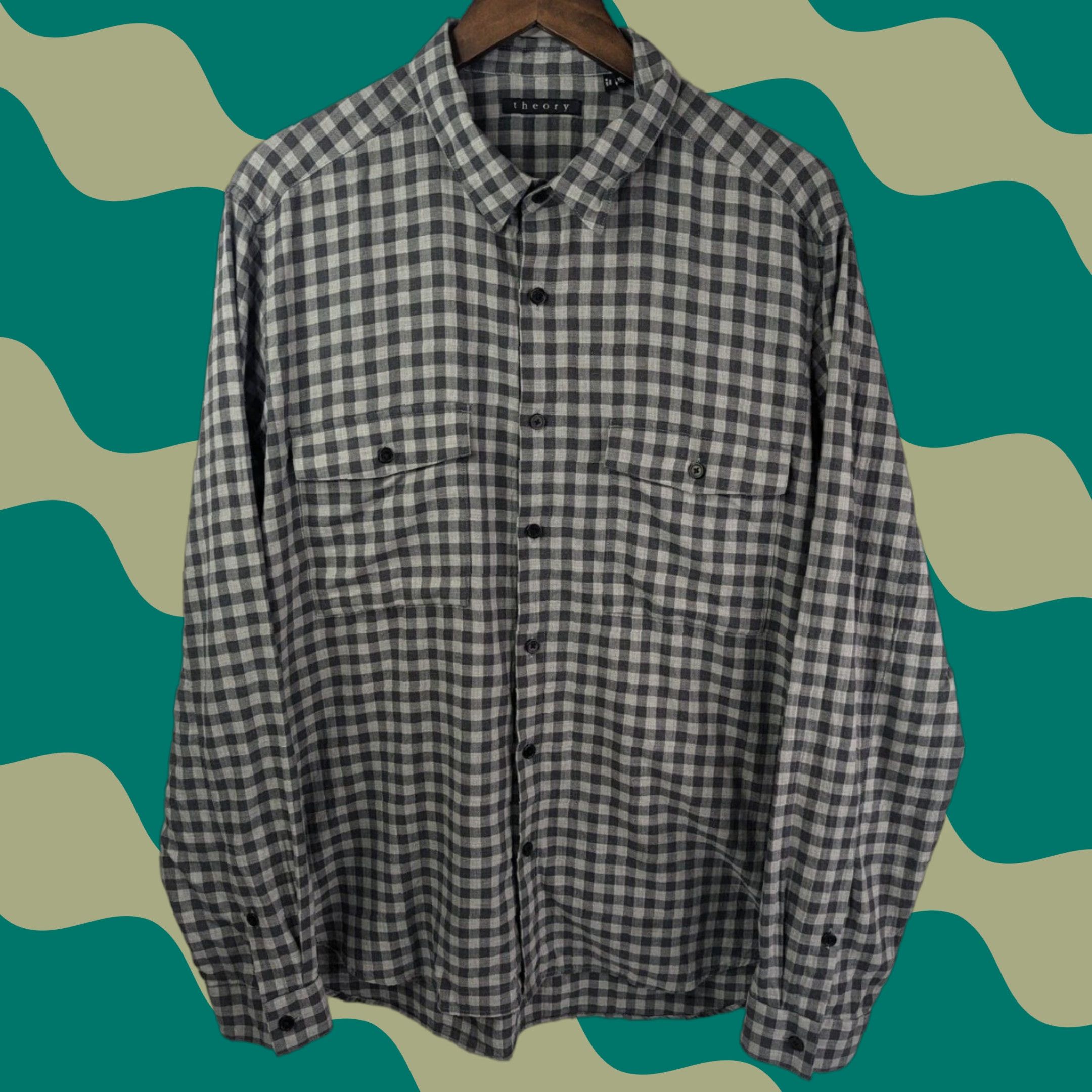 Theory VINTAGE Theory Bariet Anawan Check Button Flap Pockets Shirt In Winter Sky Men's 2XL Size US XXL / EU 58 / 5 - 1 Thumbnail