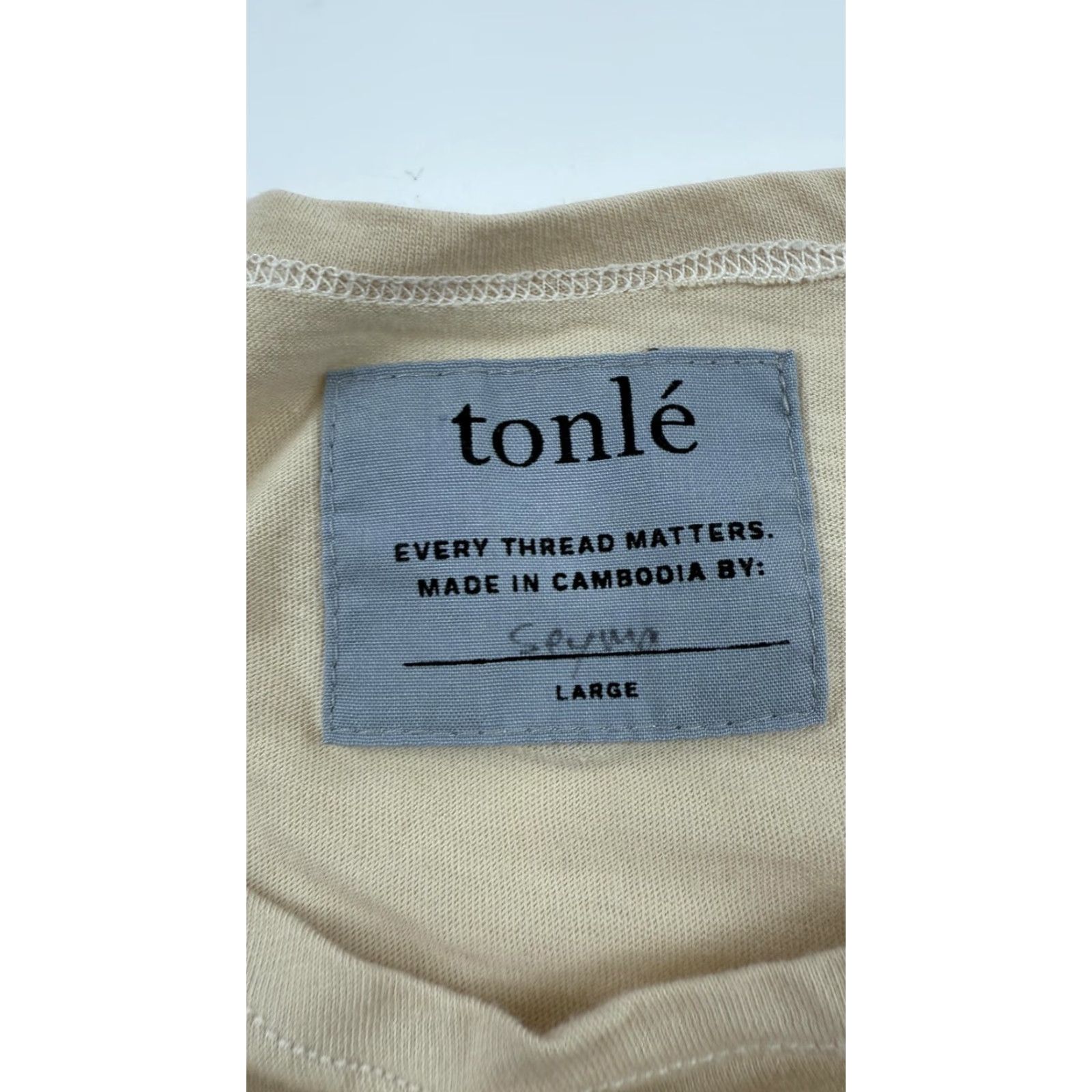 Vintage Tonlé Shirt Womens L Beige Brown White Graphic Tee Sustainable Cambodia Art Teraced Hand-Painted Size L / US 10 / IT 46 - 5 Thumbnail