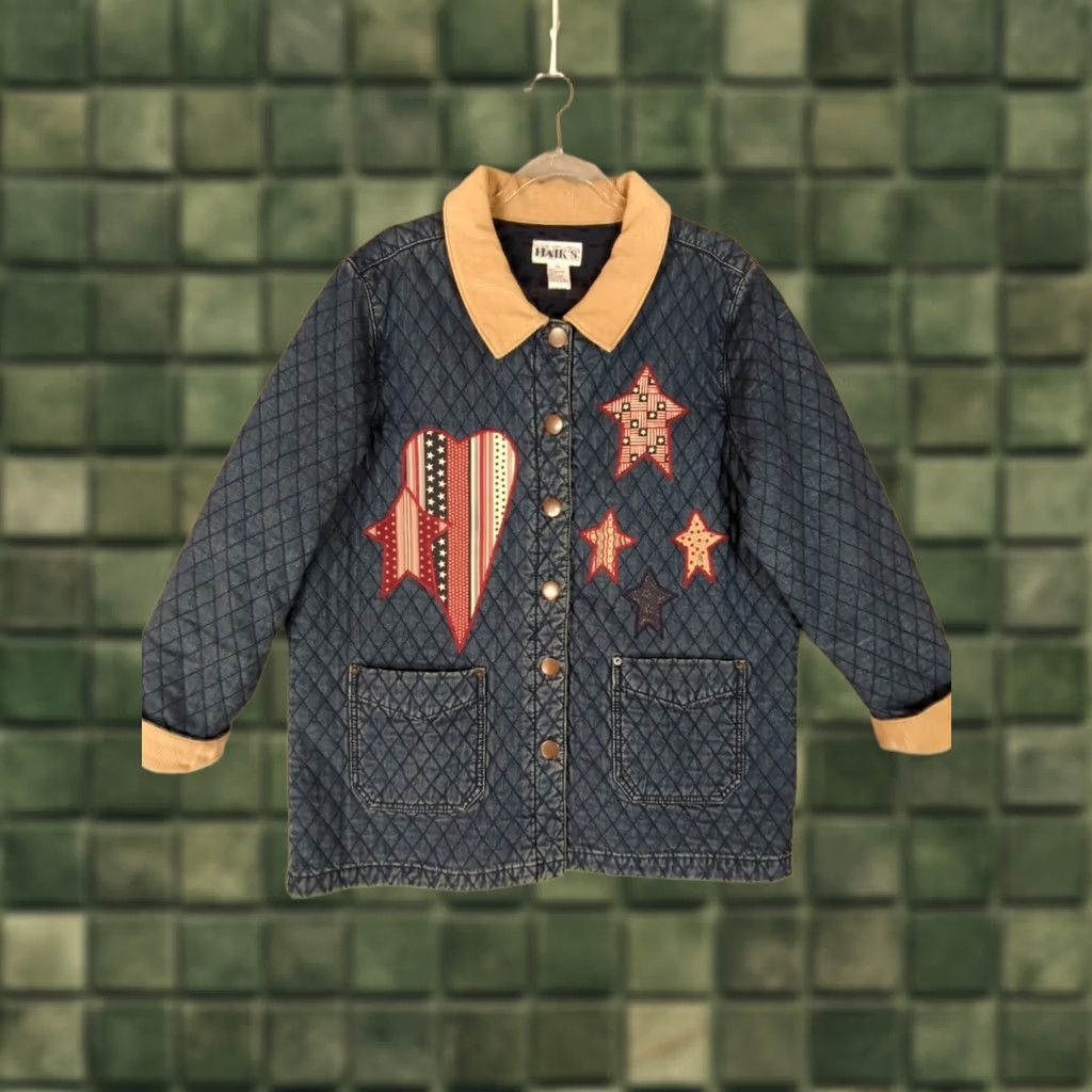 Denime VINTAGE Denim Jacket Womens L Quilted Corduroy Collar Americana Jacket Womens L Quilted Blue Denim Coat Fall Winter Spring - Size L / US 10 / IT 46 - 1 Thumbnail