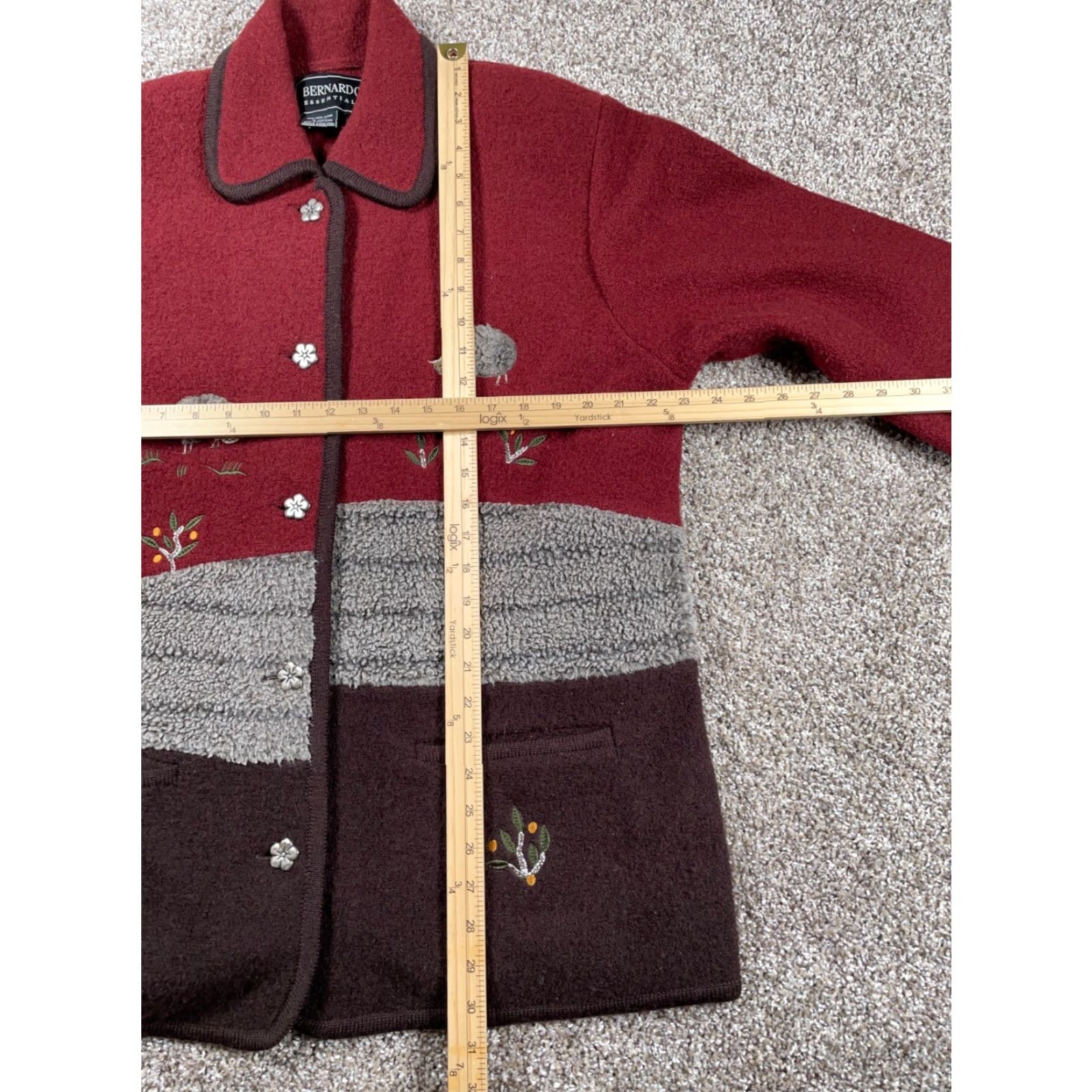 Vintage Bernardo Wool Jacket Women's Medium Dark Red Geometric Outdoor Embroidered 90s Relaxed Pockets Button Front Unlined Casual Knit Fabric Coat Short Size M / US 6-8 / IT 42-44 - 5 Thumbnail