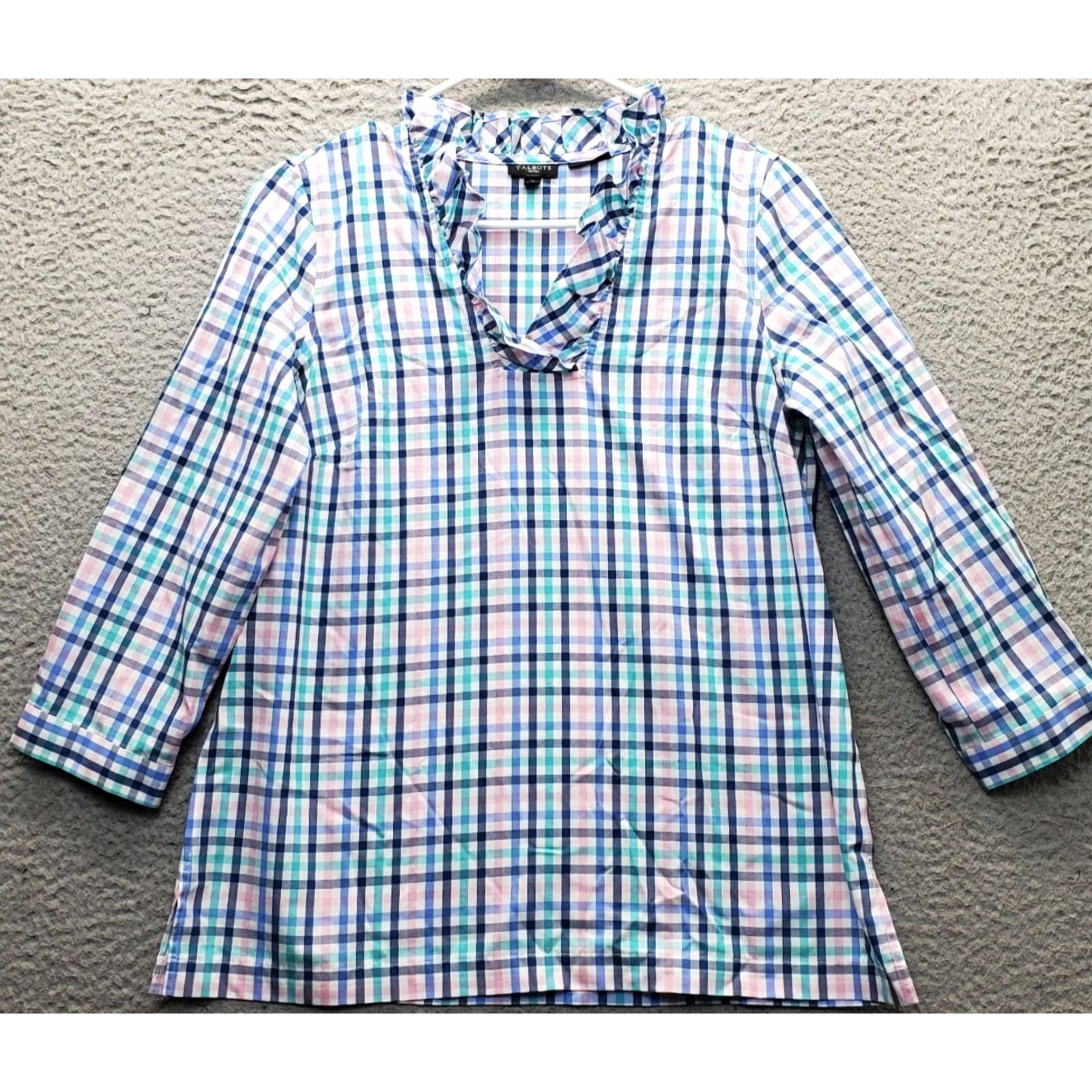 Talbots Talbots Tunic Top Womens Size 2P Multicolor Plaid Non-Iron Ruffle V-Neck Pullover Size XS / US 0-2 / IT 36-38 - 2 Thumbnail