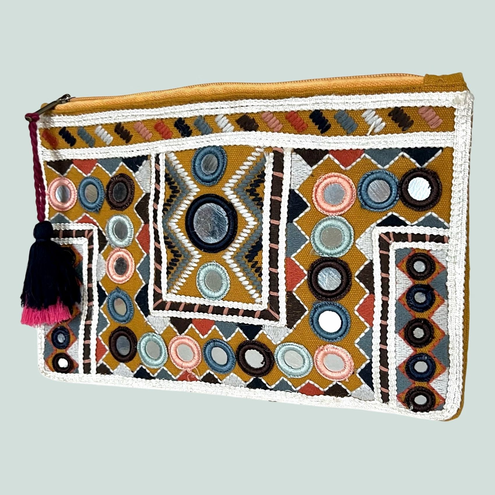 Vintage Lovestitch Zip Pouch Clutch Boho Mirrored Embroidered Tassel Mini Bag Size ONE SIZE - 1 Thumbnail