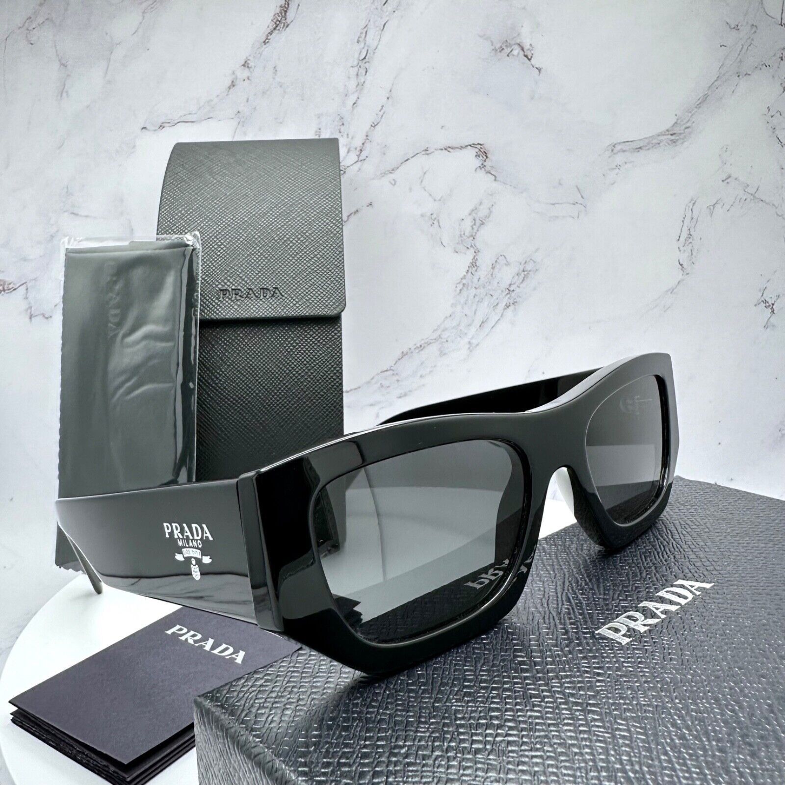 Prada PRADA Sunglasses Black Square PRADA MILANO Silver Logo Size ONE SIZE - 17 Thumbnail