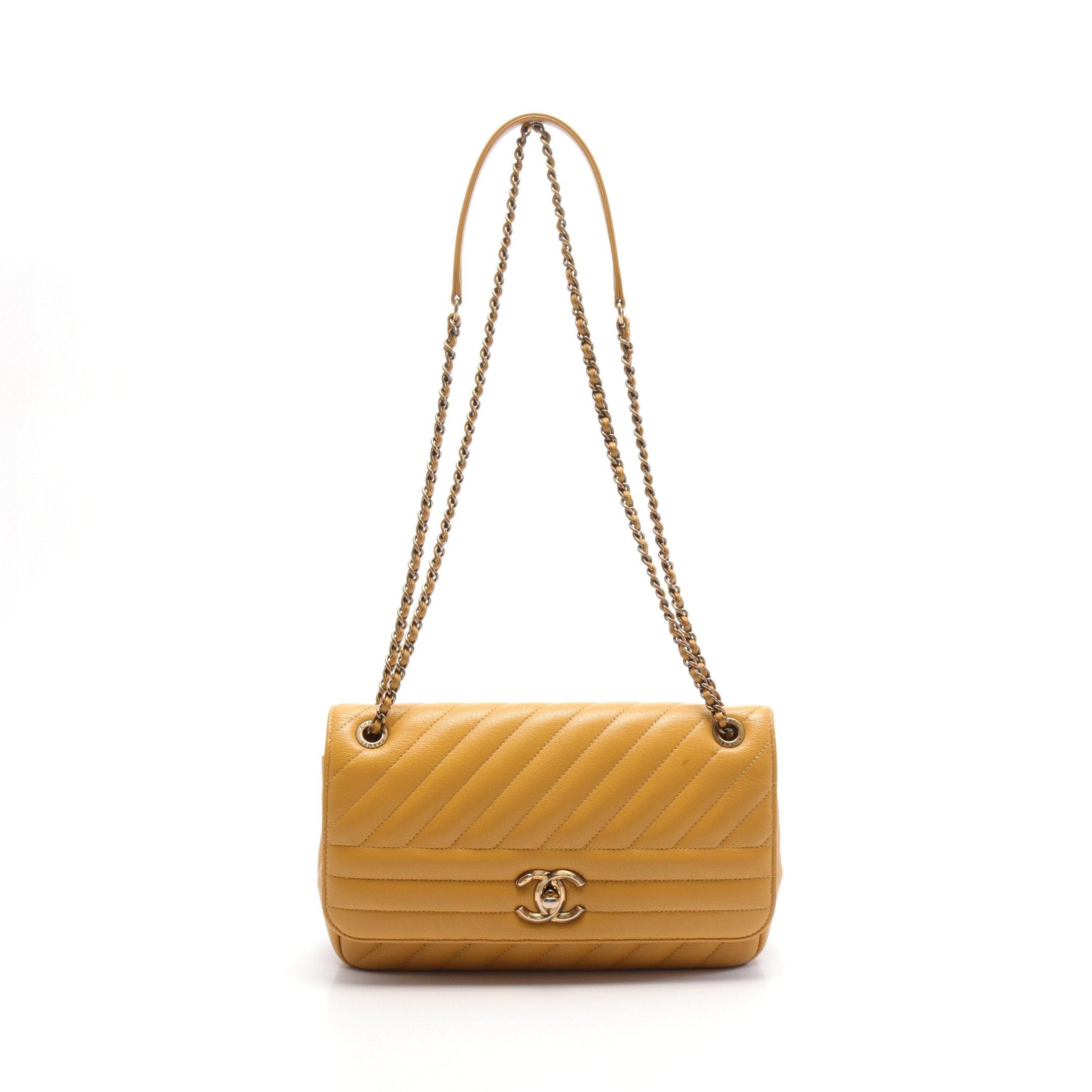 Chanel Mademoiselle Chain Shoulder Bag Caviar Skin Orange Yellow