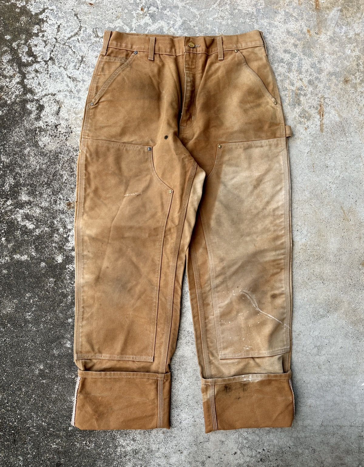 Carhartt Sun fade bleached Trashed dungarees double knee carpenter Size US 33 - 2 Thumbnail