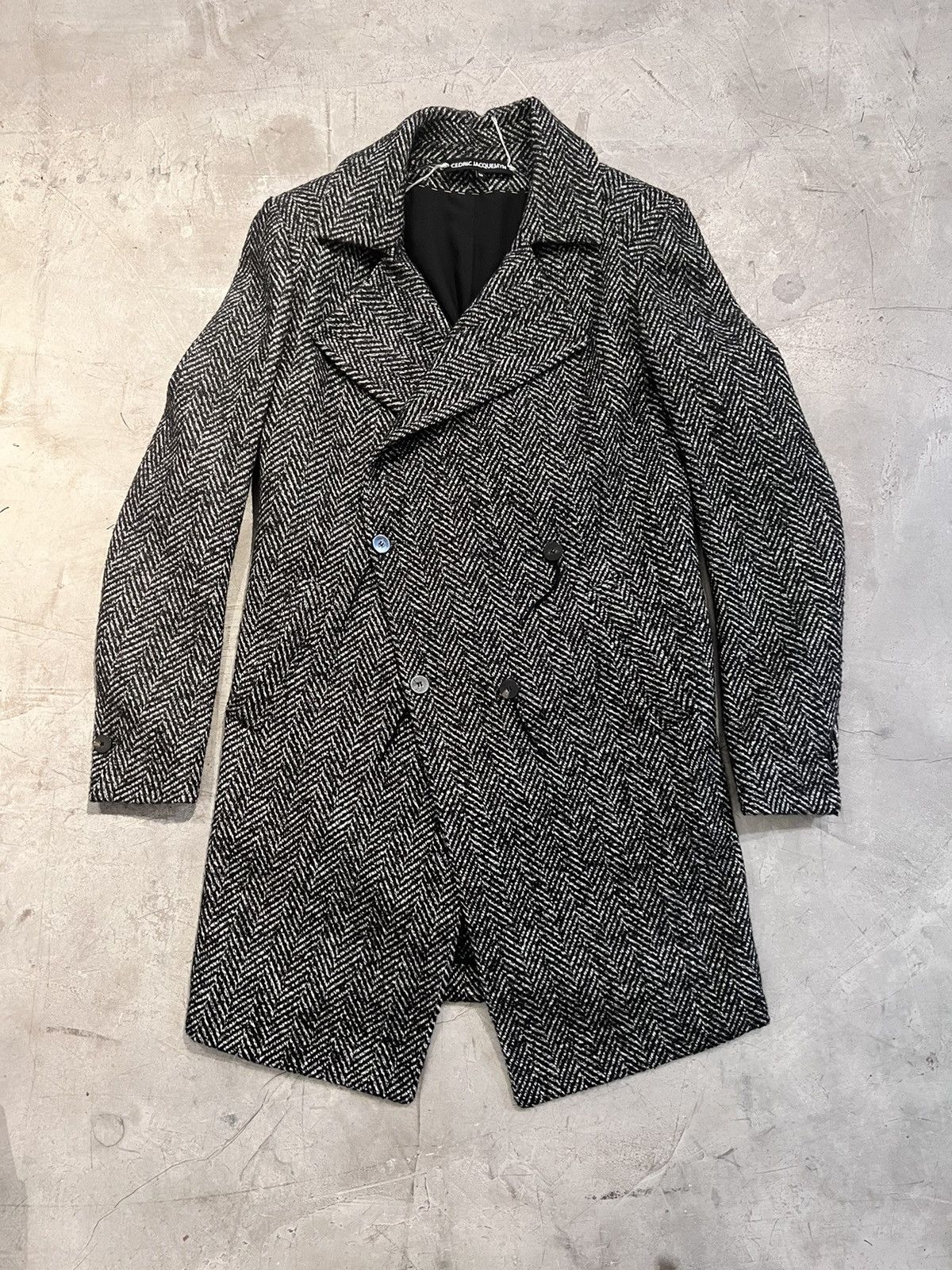 image of Cedric Jacquemyn Double Breasted Herringbone Cashmere Coat in Black/White, Men's (Size Medium)