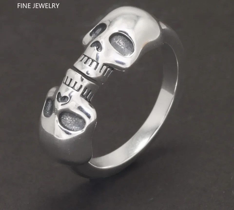 Jewelry × Sterling Silver 925 Sterling Silver Double Head Skull Vintage Thai Ring Size ONE SIZE - 2 Thumbnail