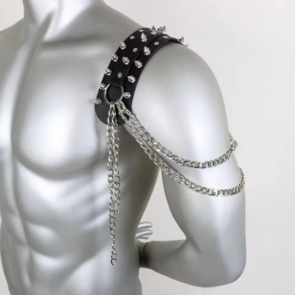 Japanese Brand Black PU Leather Spiked Shoulder Harness Epaulet Chain Size ONE SIZE - 7 Thumbnail