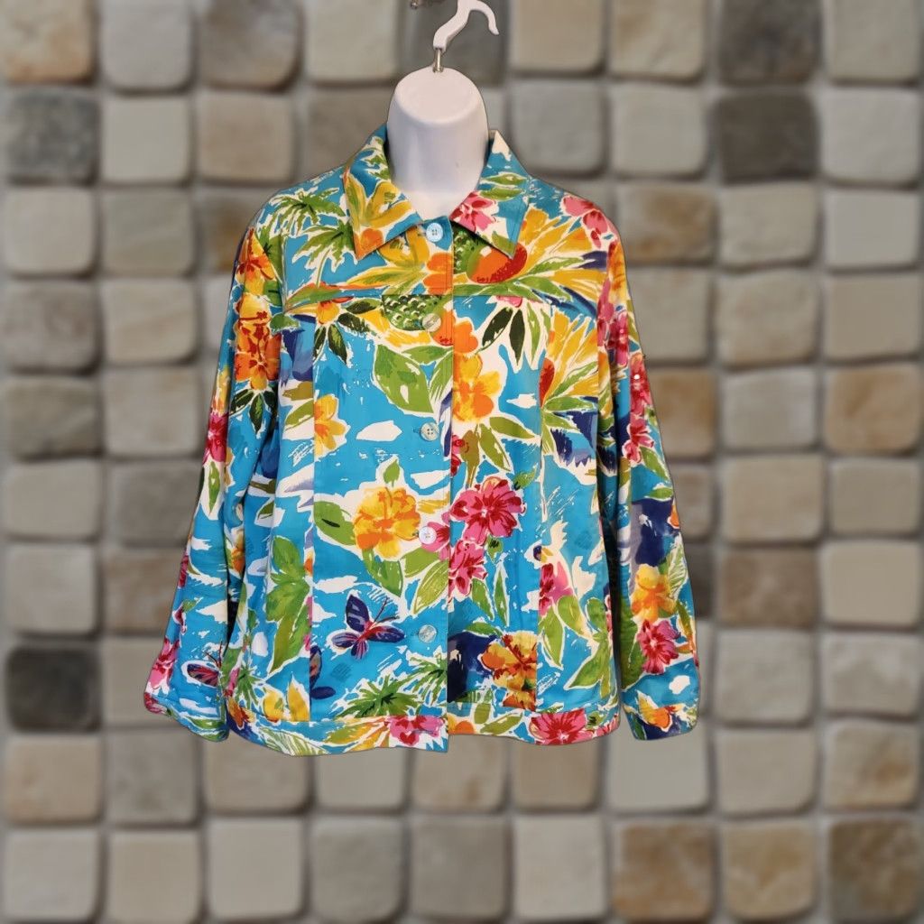 Laura Ashley Laura Ashley Jacket Multi-Color Tropical Floral Sequin Womens Medium All Seasons Casual Button Long Sleeve Cotton Blend Regular Fit » Size M / US 6-8 / IT 42-44 - 1 Thumbnail