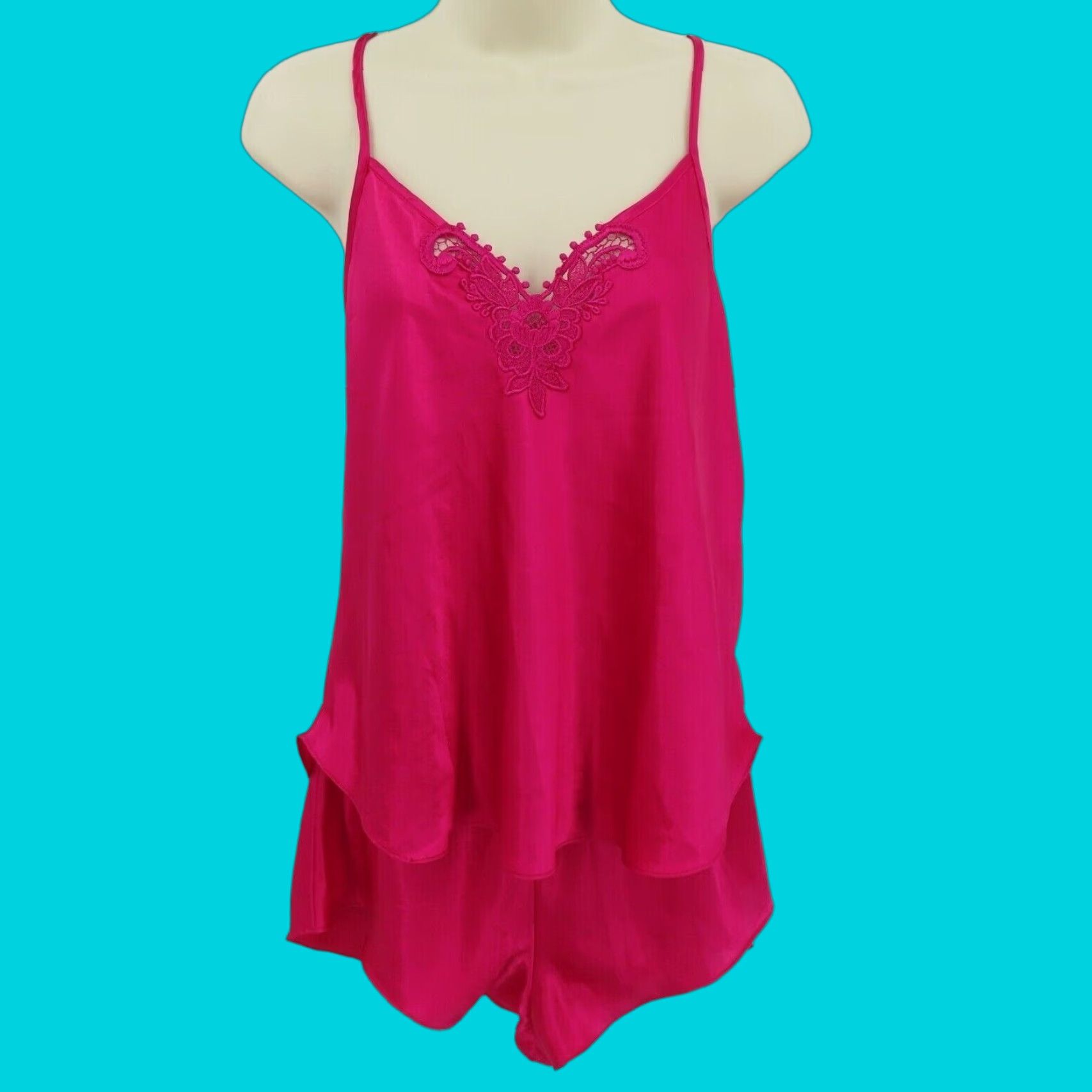 Vintage VTG Inner Most Women Large Pink Crochet Lace Tank Top Shirt Shorts Pajama Set PJ Size L / US 10 / IT 46 - 1 Thumbnail