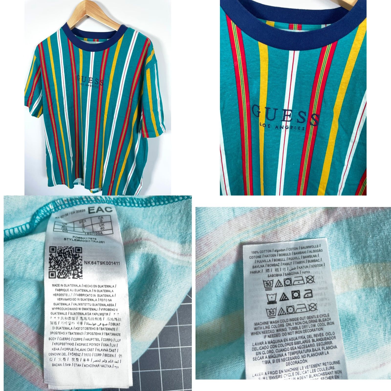 Guess VINTAGE GUESS Originals T-Shirt Men Large Green Rainbow Striped Embroidered Logo Size US L / EU 52-54 / 3 - 8 Thumbnail