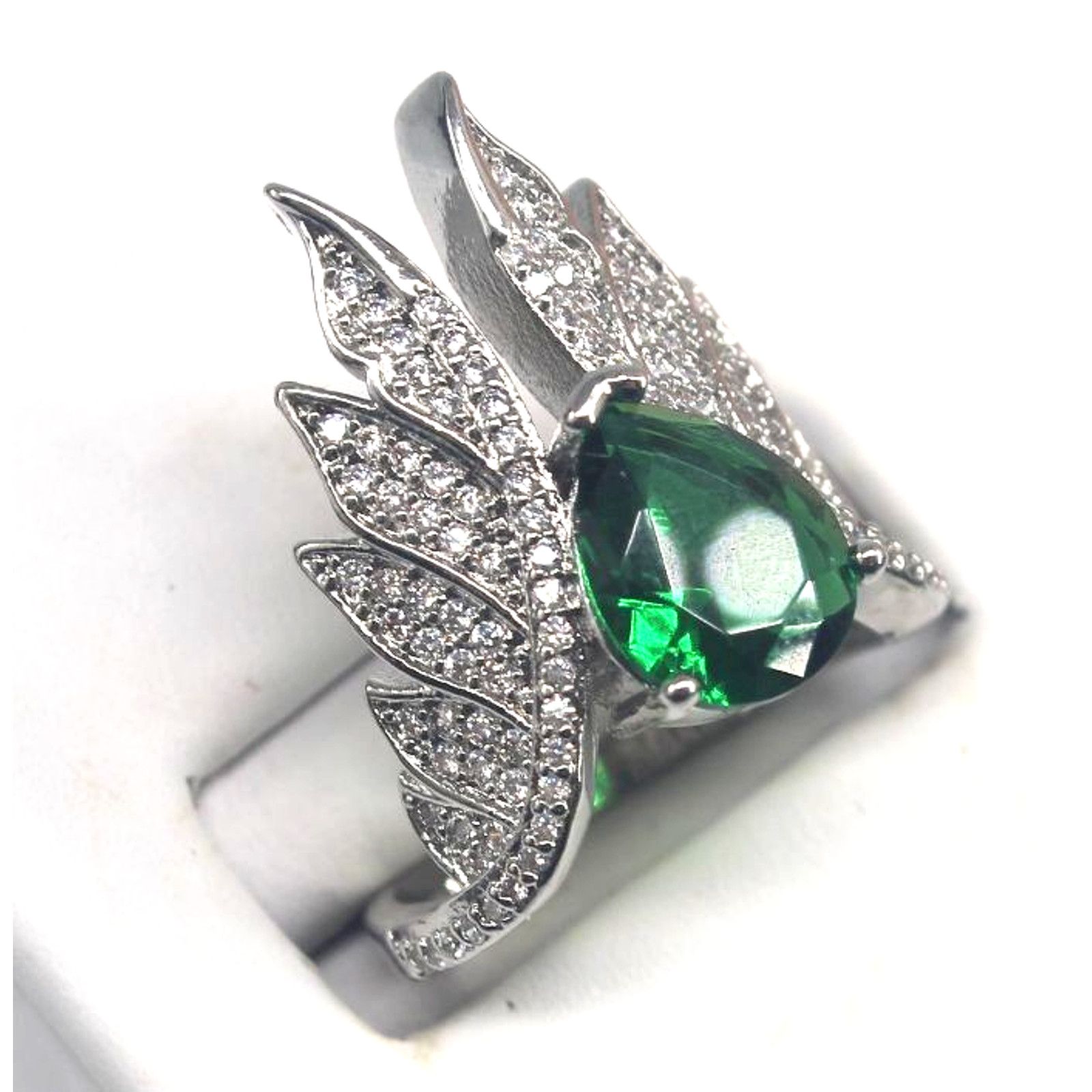 Other Faux Emerald Silver Tone Ring Pave Rhinestone Wings • Size 6 Size ONE SIZE - 3 Thumbnail