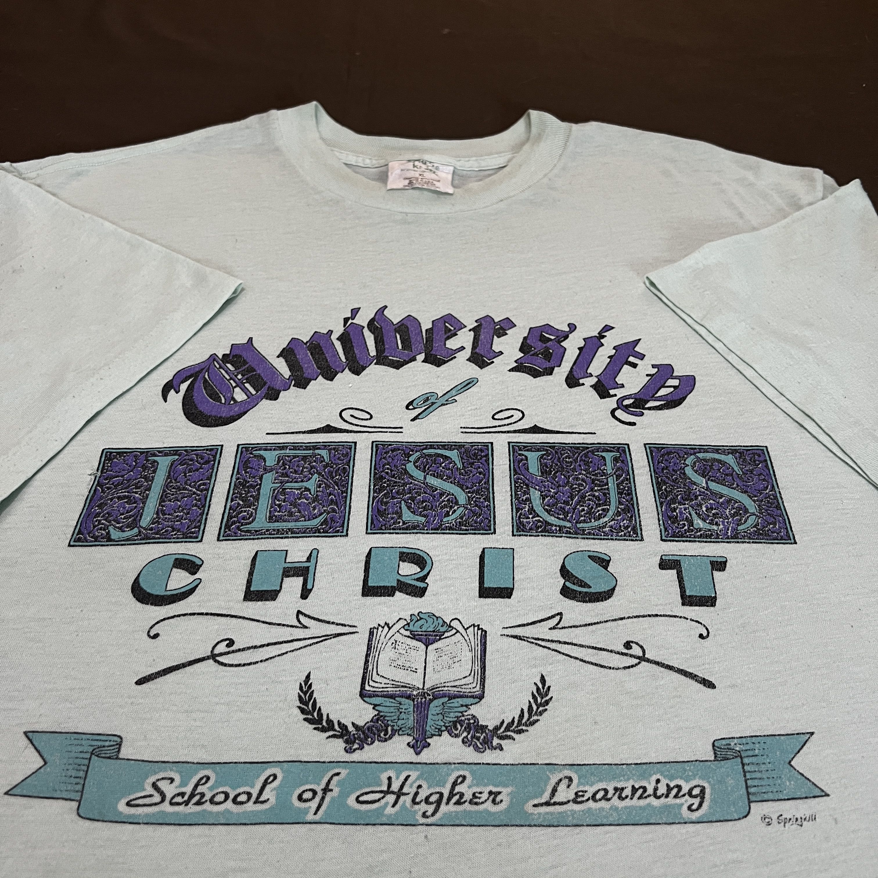 Vintage Vintage 90s University Of Jesus God Bible Holy Promo Tee Size US XL / EU 56 / 4 - 1 Thumbnail