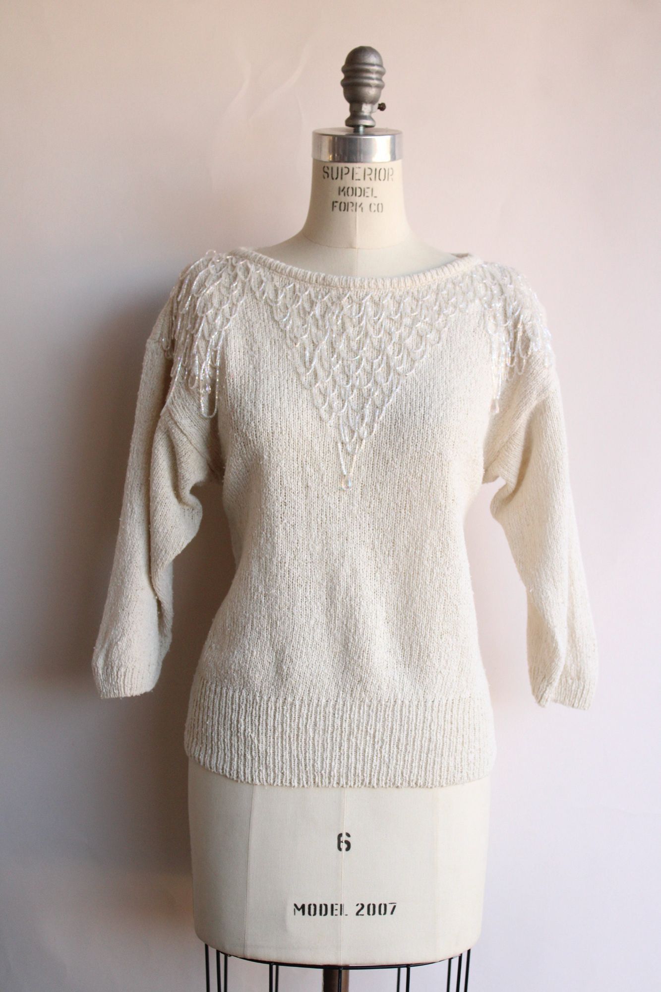 Vintage Vintage 1980s Sweater, Bonnie Boerer Ivory Pullover with Fri Size S / US 4 / IT 40 - 2 Thumbnail