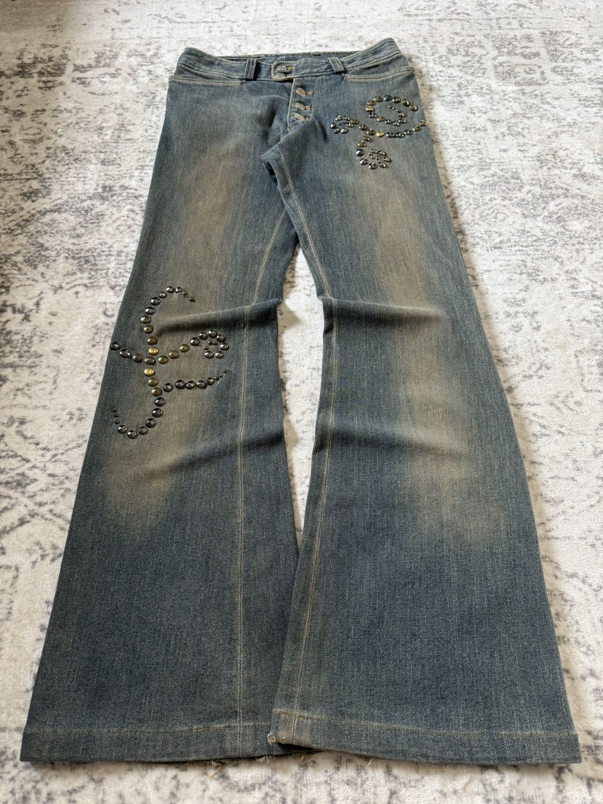 Tornado Mart Tornado Mart Artisanal Studded Tribal Mud Wash Flare Jeans Size US 29 - 1 Thumbnail