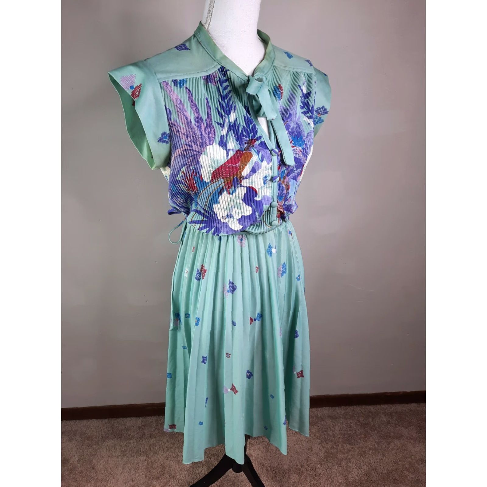 Altea Vintage Teal Mod Dress A-Line Hawaiian Floral M As Is - 60s 70s, Long Sleeve, Round Neck, Polyester, Knee Length, Casual Womens Vintage 60s 70s Size M / US 6-8 / IT 42-44 - 7 Thumbnail