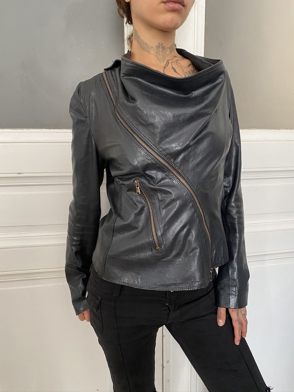 If Six Was Nine Avant garde drapped asymmetrical leather jacket Size S / US 4 / IT 40 - 4 Thumbnail