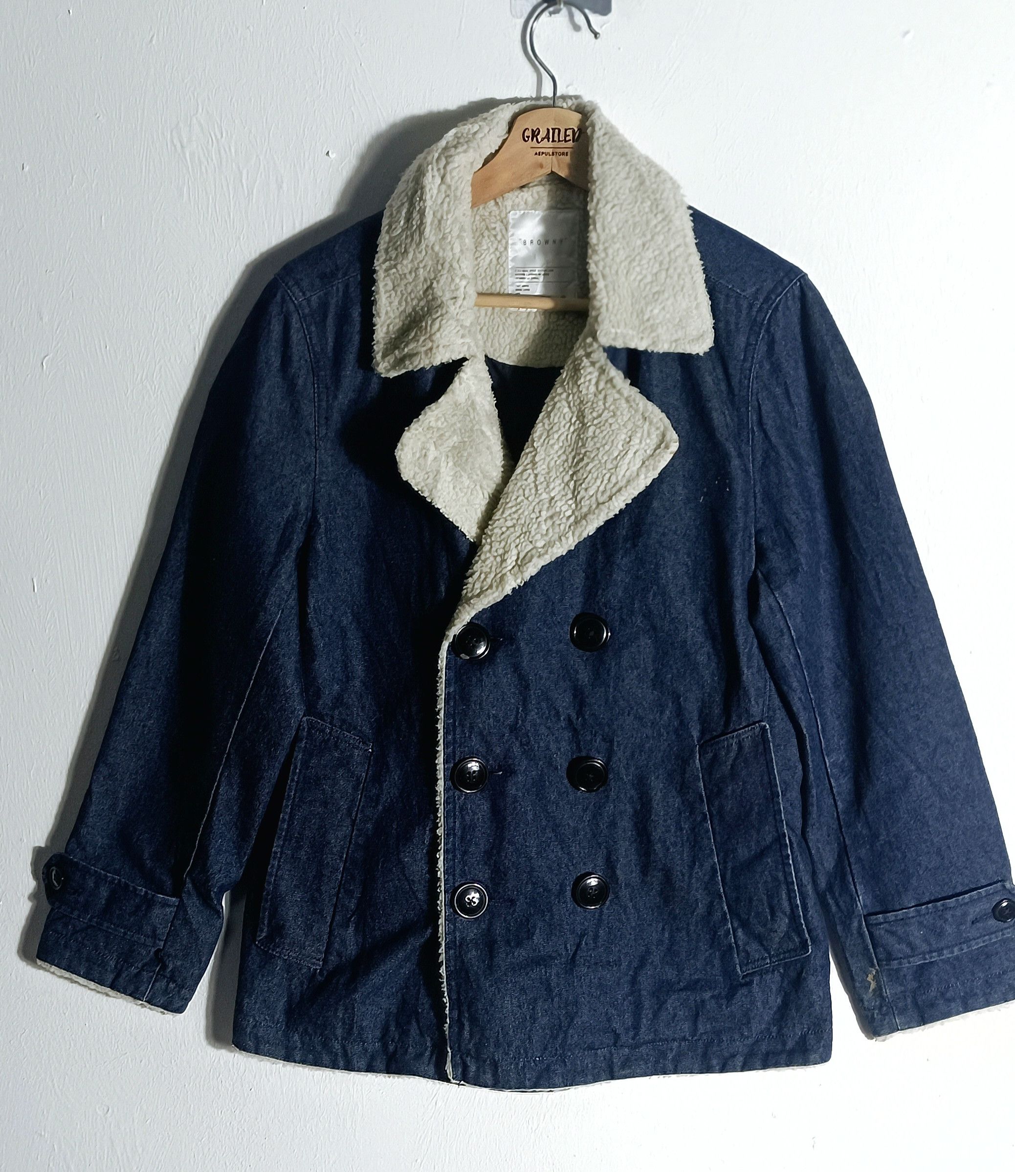 Japanese Brand Vintage🇯🇵 Browny Denim Sherpa Double Breasted Jacket Size US M / EU 48-50 / 2 - 1 Thumbnail