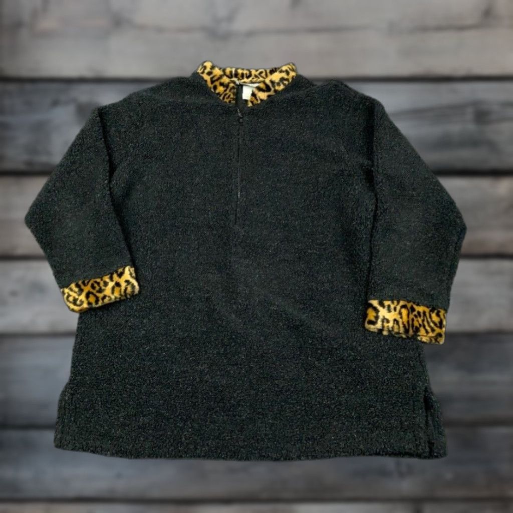 Etro VINTAGE 90s Leopard Trim Fleece Jacket Women's Medium Black 1/2 Zip USA Made Boho Hipster Retro - Hampton House Tag Size M / US 6-8 / IT 42-44 - 1 Thumbnail