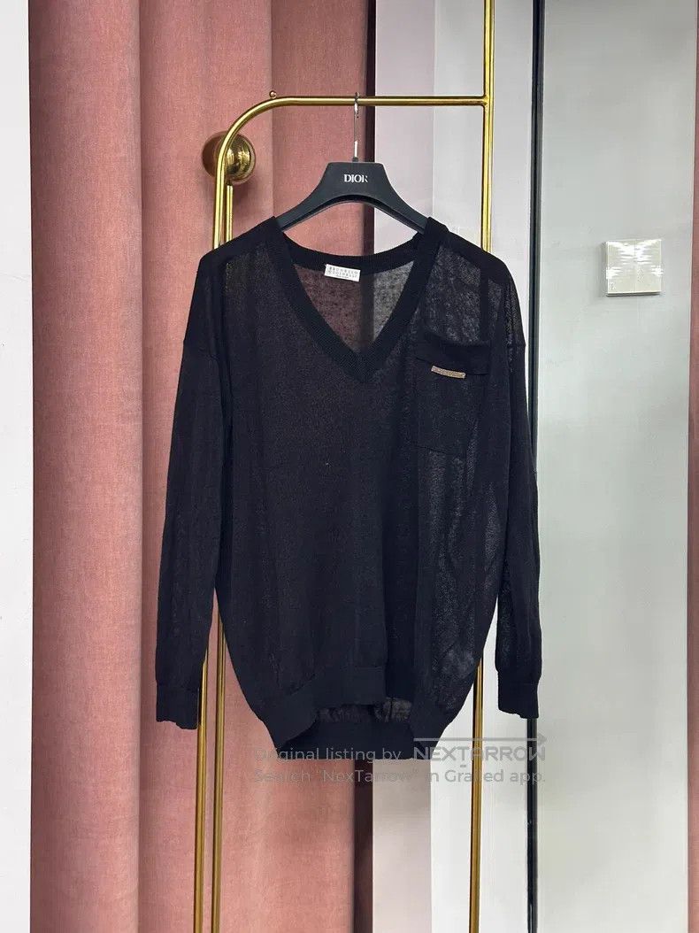 Brunello Cucinelli Brunello Cucinelli Black Pocket Beaded V-Neck Knit Top Lon Size S / US 4 / IT 40 - 1 Thumbnail