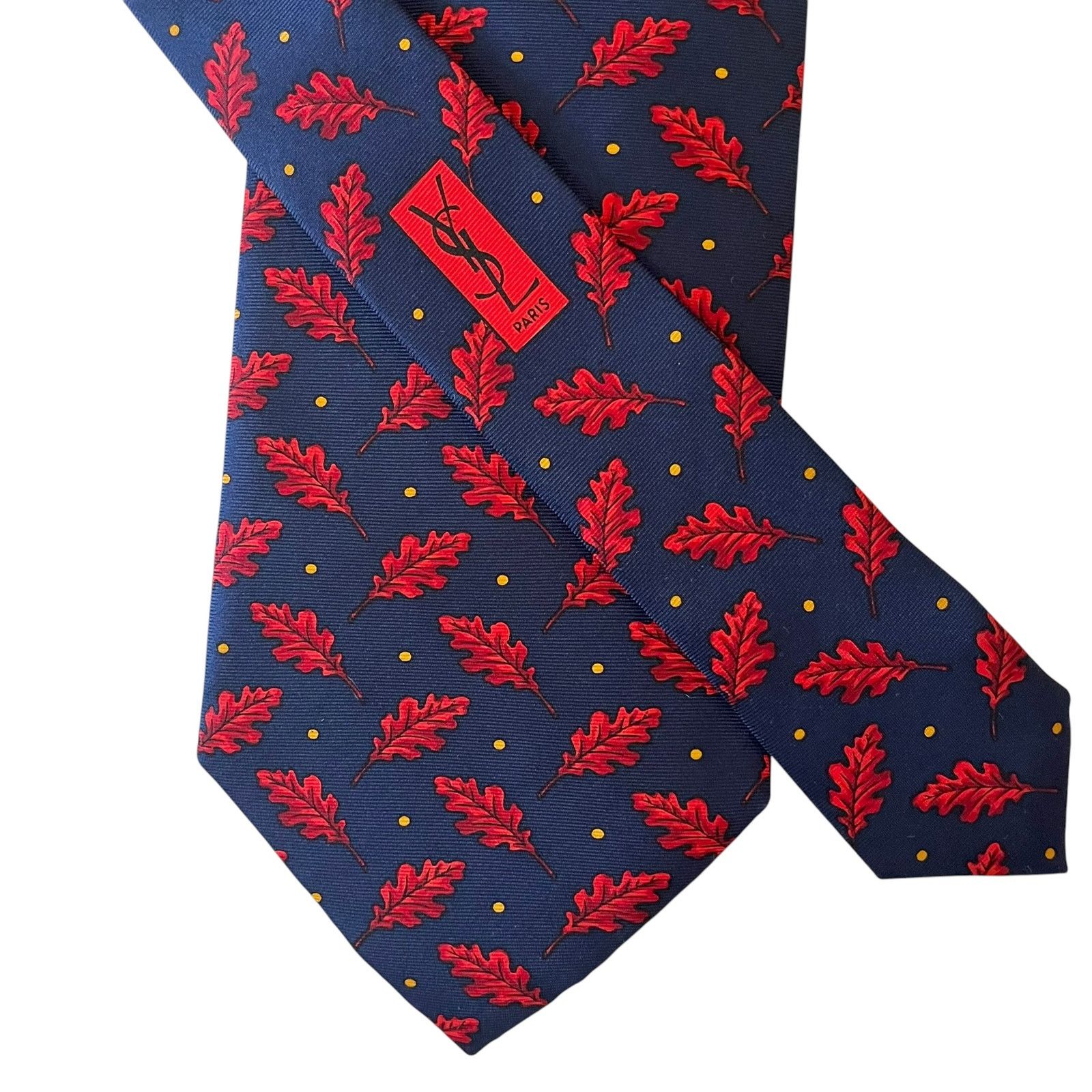 Yves Saint Laurent Yves Saint Laurent YSL Navy Blue Red Leaf Print Silk Tie Size ONE SIZE - 9 Thumbnail