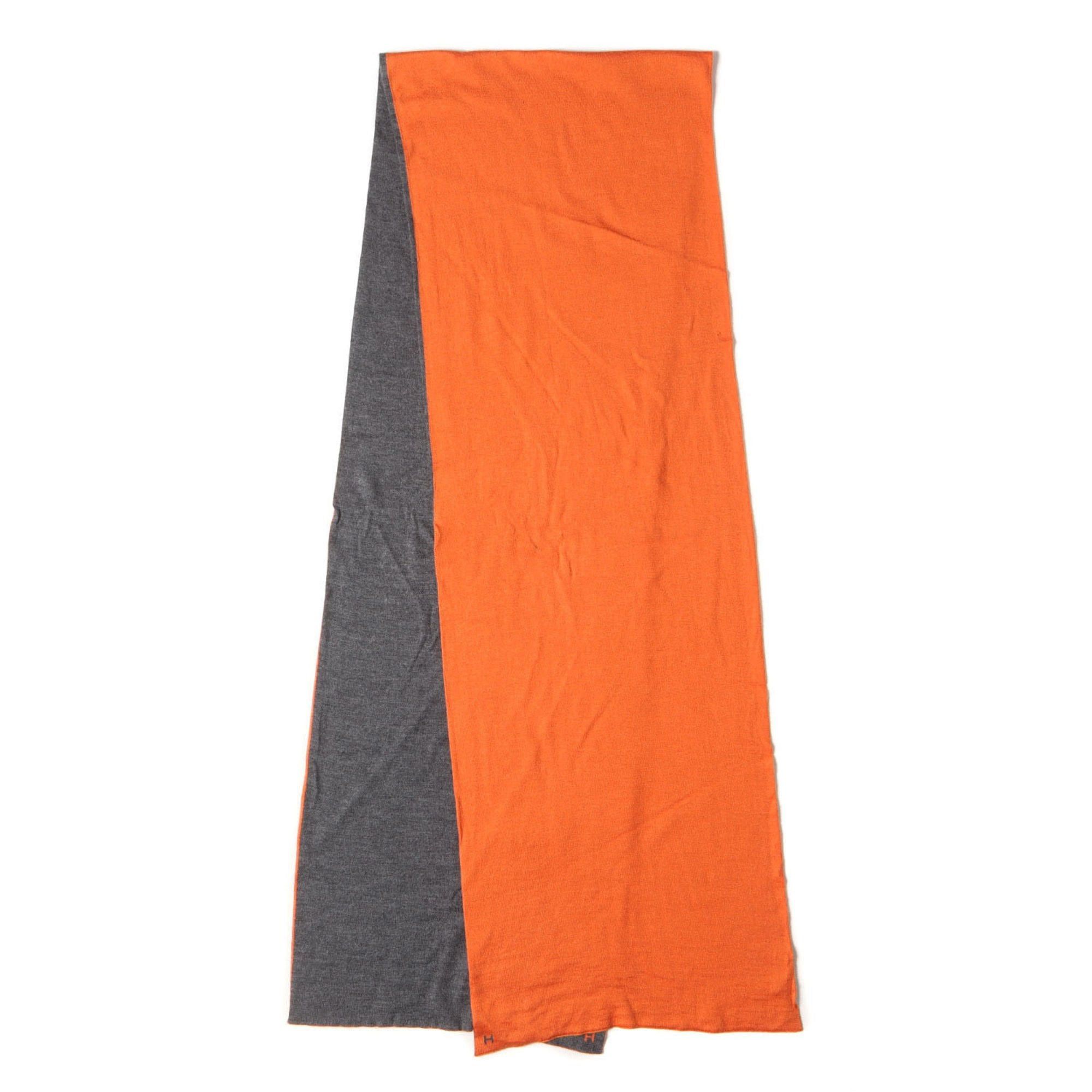 image of Hermes Ares Letour Cashmere Silk H Embroidery Stole Muffler Bicolor 2In1 Reversible Orange Gray Mad