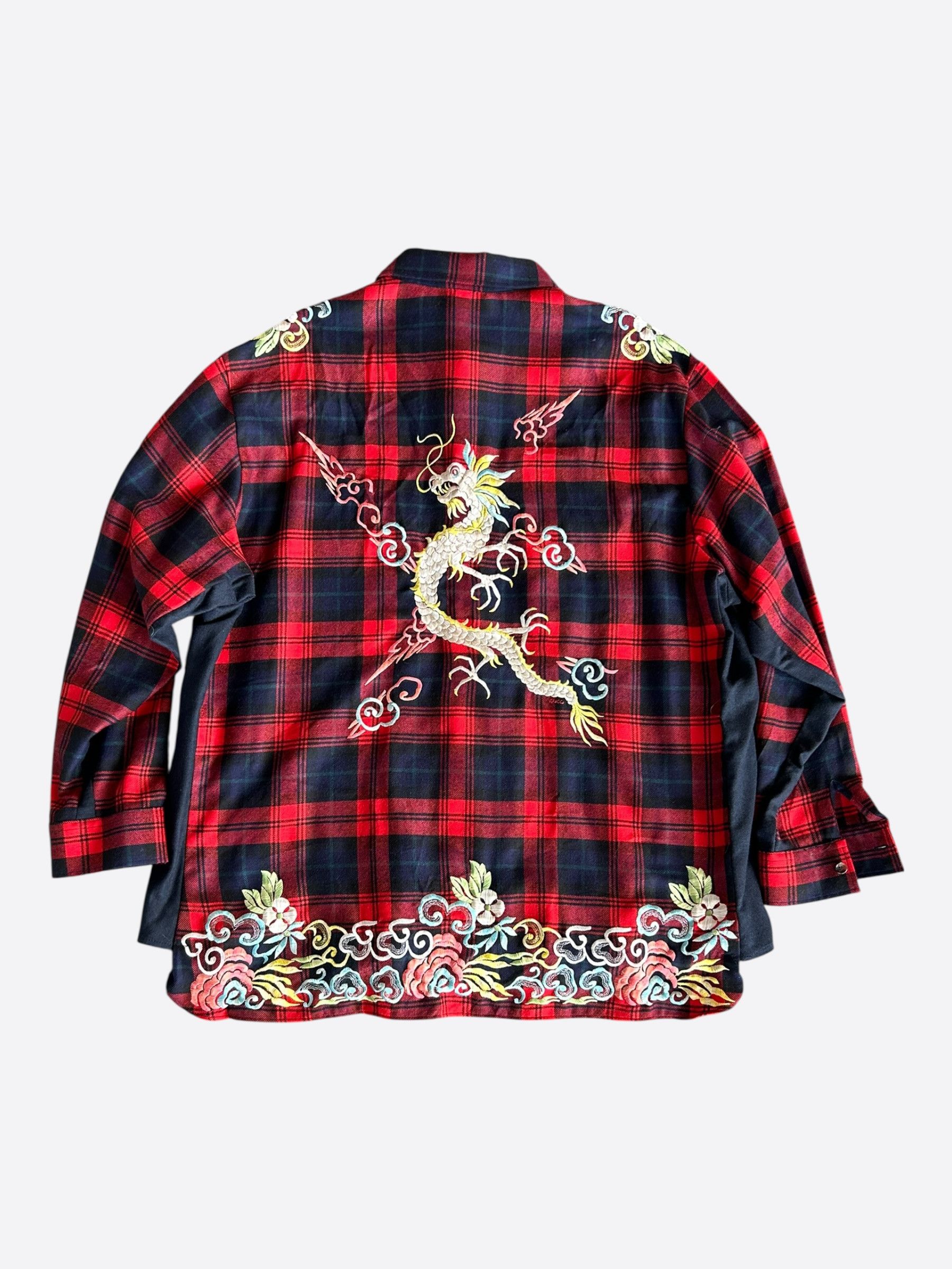 Gucci Gucci Red & Navy Plaid Dragon Embroidered Flannel Shirt Size US XXL / EU 58 / 5 - 2 Thumbnail