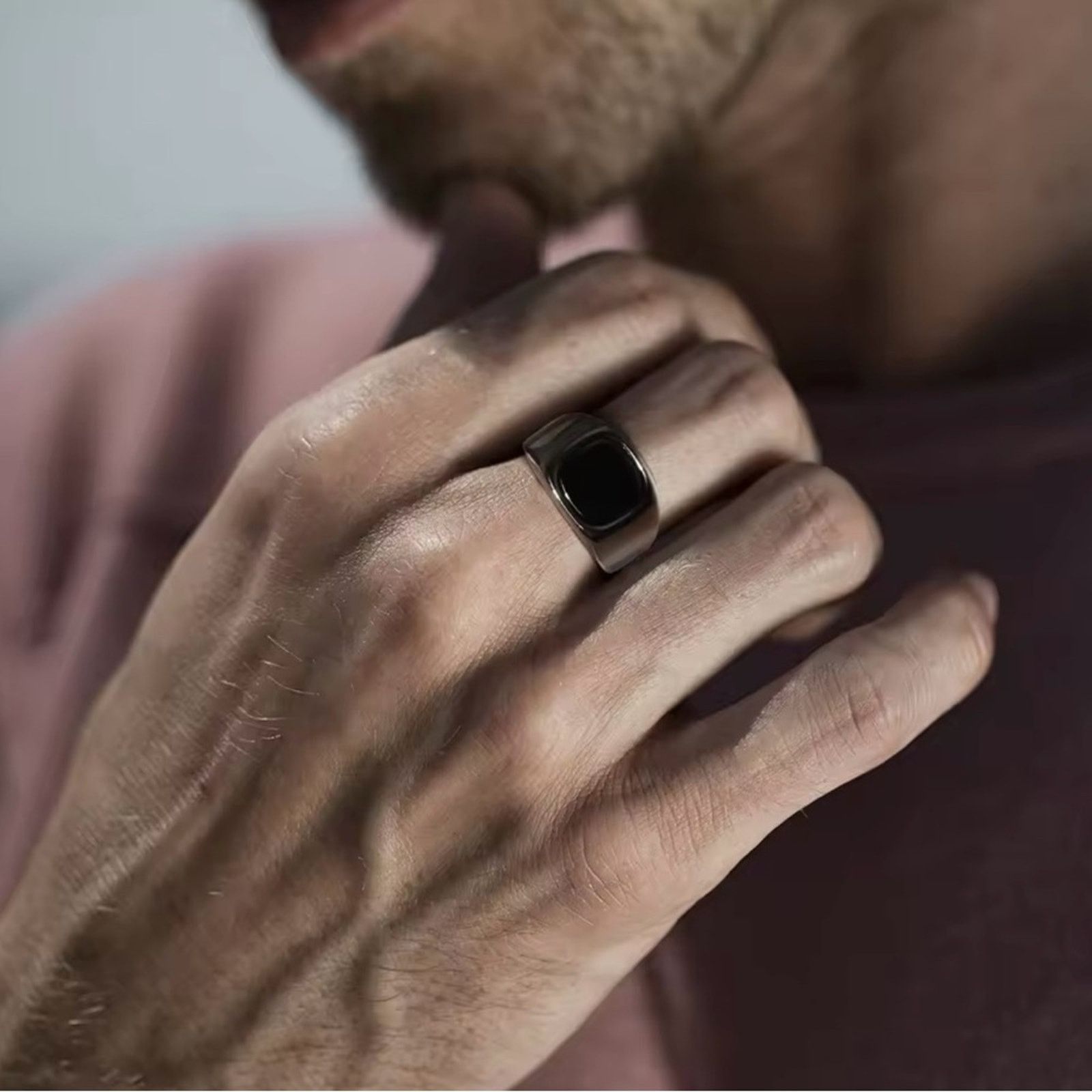 Other Black Stone Rings for Men Stainless Steel Geometric Square Size ONE SIZE - 3 Thumbnail